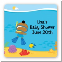 Under the Sea African American Baby Boy Snorkeling - Square Personalized Baby Shower Sticker Labels