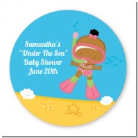 Under the Sea African American Baby Girl Snorkeling - Round Personalized Baby Shower Sticker Labels
