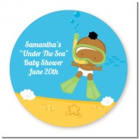 Under the Sea African American Baby Snorkeling - Round Personalized Baby Shower Sticker Labels
