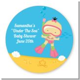 Under the Sea Asian Baby Girl Snorkeling - Round Personalized Baby Shower Sticker Labels