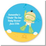 Under the Sea Asian Baby Snorkeling - Round Personalized Baby Shower Sticker Labels