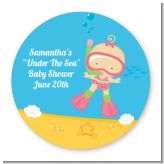 Under the Sea Baby Girl Snorkeling - Round Personalized Baby Shower Sticker Labels