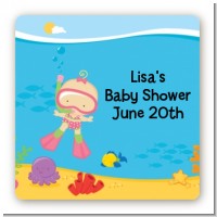 Under the Sea Baby Girl Snorkeling - Square Personalized Baby Shower Sticker Labels