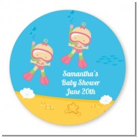 Under the Sea Baby Twin Girls Snorkeling - Round Personalized Baby Shower Sticker Labels