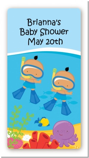 Under the Sea Hispanic Baby Boy Twins Snorkeling - Custom Rectangle Baby Shower Sticker/Labels