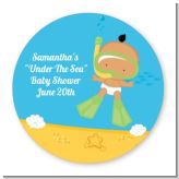 Under the Sea Hispanic Baby Snorkeling - Round Personalized Baby Shower Sticker Labels