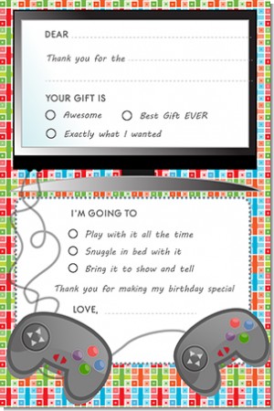 Video Game Time - Birthday Party Fill In Thank You Cards