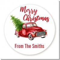 Vintage Red Truck - Round Personalized Christmas Sticker Labels