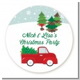 Vintage Red Truck With Tree - Round Personalized Christmas Sticker Labels thumbnail