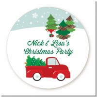 Vintage Red Truck With Tree - Round Personalized Christmas Sticker Labels