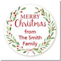 Watercolor Wreath - Round Personalized Christmas Sticker Labels