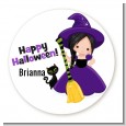 Witch and Broom Stick - Round Personalized Halloween Sticker Labels thumbnail