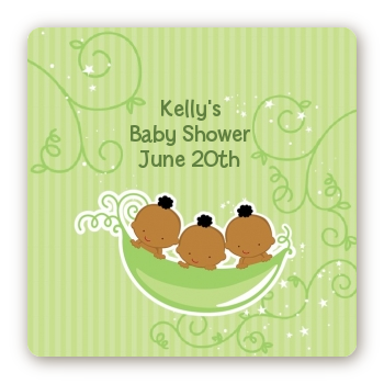  Triplets Three Peas in a Pod African American - Square Personalized Baby Shower Sticker Labels Three Boys