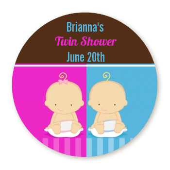  Twin Babies 1 Boy and 1 Girl Caucasian - Round Personalized Baby Shower Sticker Labels 