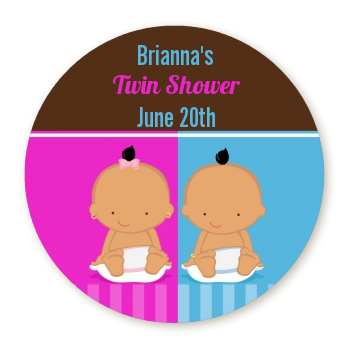  Twin Babies 1 Boy and 1 Girl Hispanic - Round Personalized Baby Shower Sticker Labels 