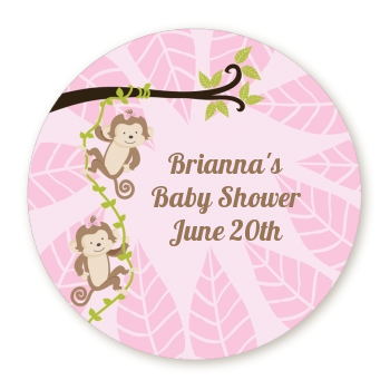  Twin Monkey Girls - Round Personalized Baby Shower Sticker Labels 