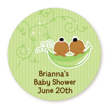  Twins Two Peas in a Pod African American - Round Personalized Baby Shower Sticker Labels One Girl One Boy