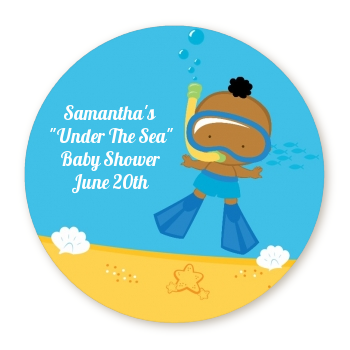  Under the Sea African American Baby Boy Snorkeling - Round Personalized Baby Shower Sticker Labels 