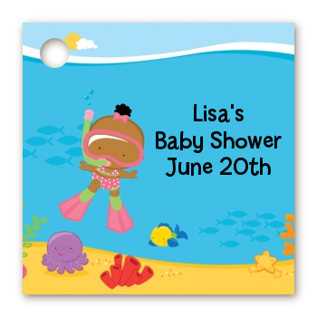 Under the Sea African American Baby Girl Snorkeling - Personalized Baby Shower Card Stock Favor Tags