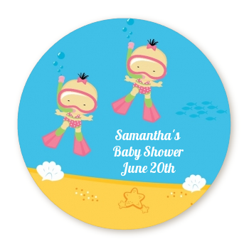  Under the Sea Asian Baby Girl Twins Snorkeling - Round Personalized Baby Shower Sticker Labels 