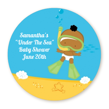  Under the Sea African American Baby Snorkeling - Round Personalized Baby Shower Sticker Labels 