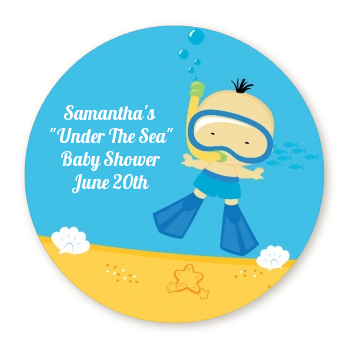  Under the Sea Asian Baby Boy Snorkeling - Round Personalized Baby Shower Sticker Labels 