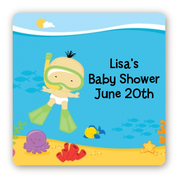 Under the Sea Asian Baby Snorkeling - Square Personalized Baby Shower Sticker Labels
