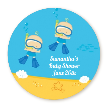  Under the Sea Baby Twin Boys Snorkeling - Round Personalized Baby Shower Sticker Labels 