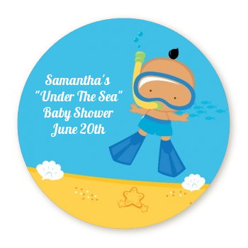  Under the Sea Hispanic Baby Boy Snorkeling - Round Personalized Baby Shower Sticker Labels 
