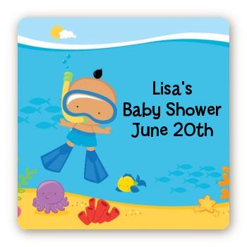 Under the Sea Hispanic Baby Boy Snorkeling - Square Personalized Baby Shower Sticker Labels