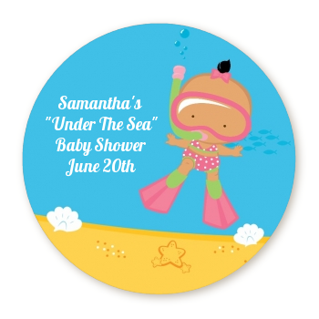  Under the Sea Hispanic Baby Girl Snorkeling - Round Personalized Baby Shower Sticker Labels 