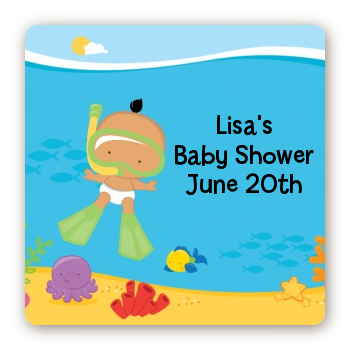Under the Sea Hispanic Baby Snorkeling - Square Personalized Baby Shower Sticker Labels