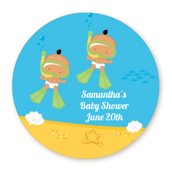  Under the Sea Hispanic Baby Twins Snorkeling - Round Personalized Baby Shower Sticker Labels 