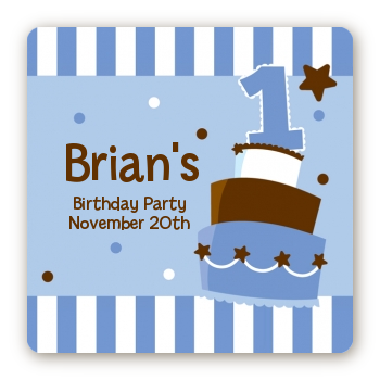 1st Birthday Topsy Turvy Blue Cake - Square Personalized Birthday Party Sticker Labels