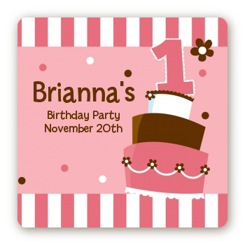 1st Birthday Topsy Turvy Pink Cake - Square Personalized Birthday Party Sticker Labels