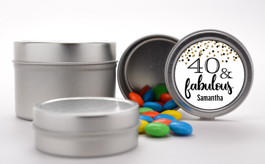  40 and Fabulous Glitter - Custom Birthday Party Favor Tins Gold Glitter