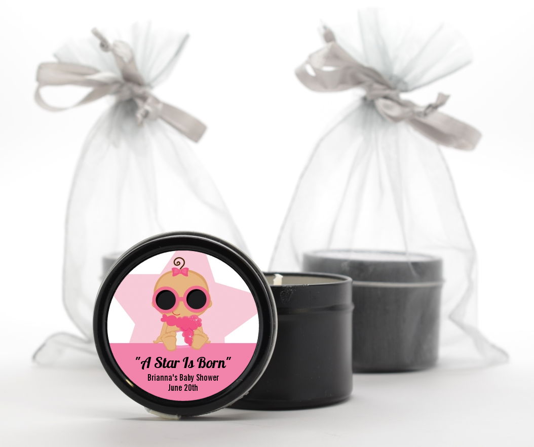  A Star Is Born Hollywood White|Pink - Baby Shower Black Candle Tin Favors Blonde Hair