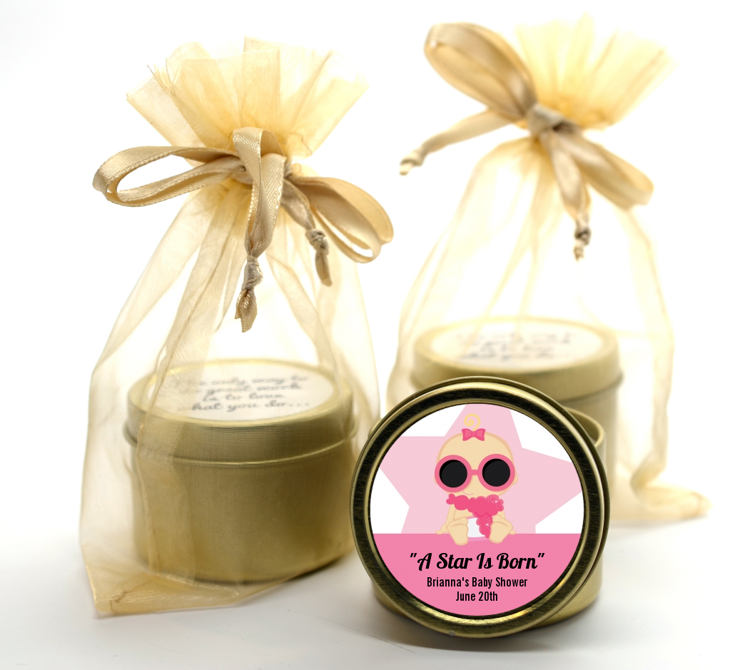  A Star Is Born Hollywood White|Pink - Baby Shower Gold Tin Candle Favors Blonde Hair