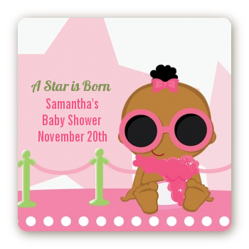  A Star Is Born Hollywood White|Pink - Square Personalized Baby Shower Sticker Labels African American