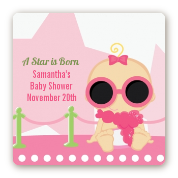  A Star Is Born Hollywood White|Pink - Square Personalized Baby Shower Sticker Labels African American