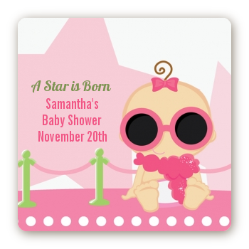  A Star Is Born Hollywood White|Pink - Square Personalized Baby Shower Sticker Labels African American