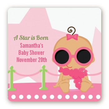 A Star Is Born Hollywood White|Pink - Square Personalized Baby Shower Sticker Labels African American