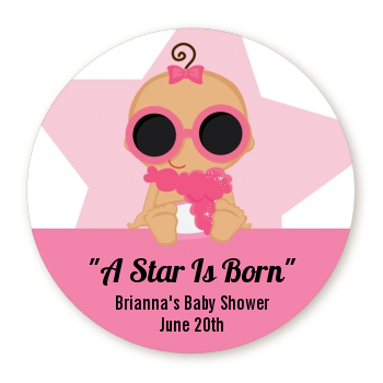  A Star Is Born Hollywood White|Pink - Round Personalized Baby Shower Sticker Labels Blonde Hair