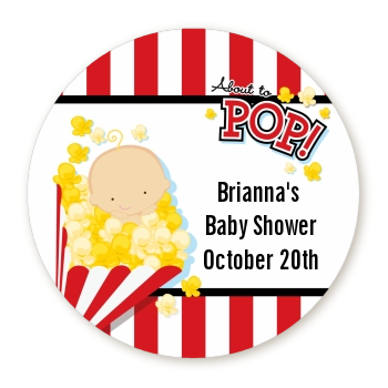 About To Pop &reg; - Round Personalized Baby Shower Sticker Labels Caucasian
