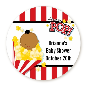  About To Pop &reg; - Round Personalized Baby Shower Sticker Labels Caucasian