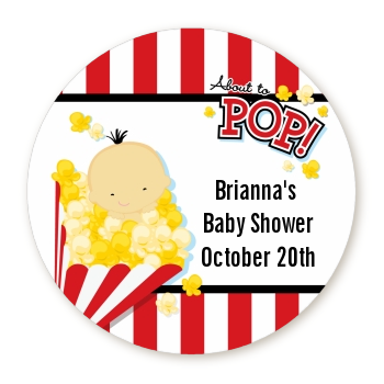  About To Pop &reg; - Round Personalized Baby Shower Sticker Labels Caucasian