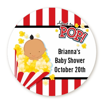  About To Pop &reg; - Round Personalized Baby Shower Sticker Labels Caucasian