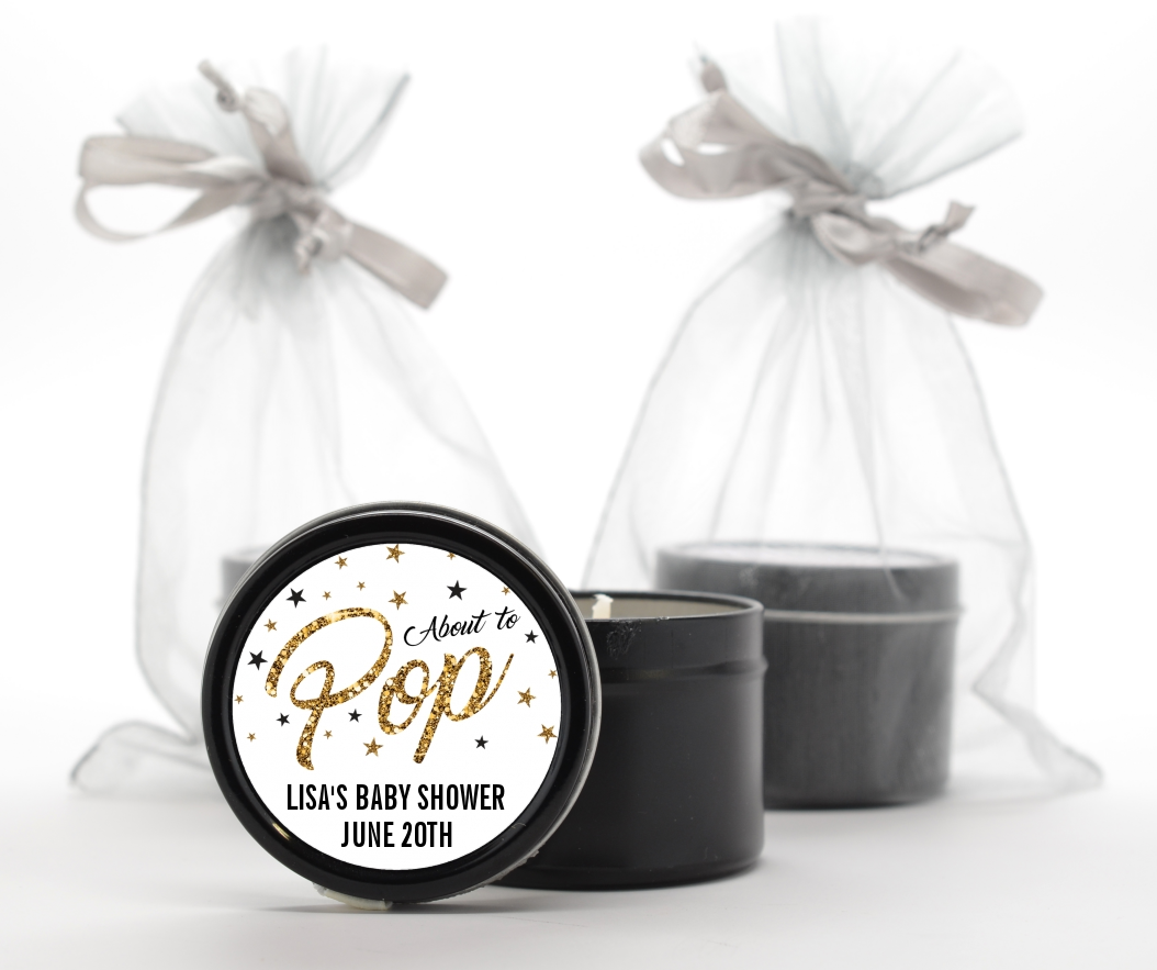  About To Pop Glitter - Baby Shower Black Candle Tin Favors Option 1