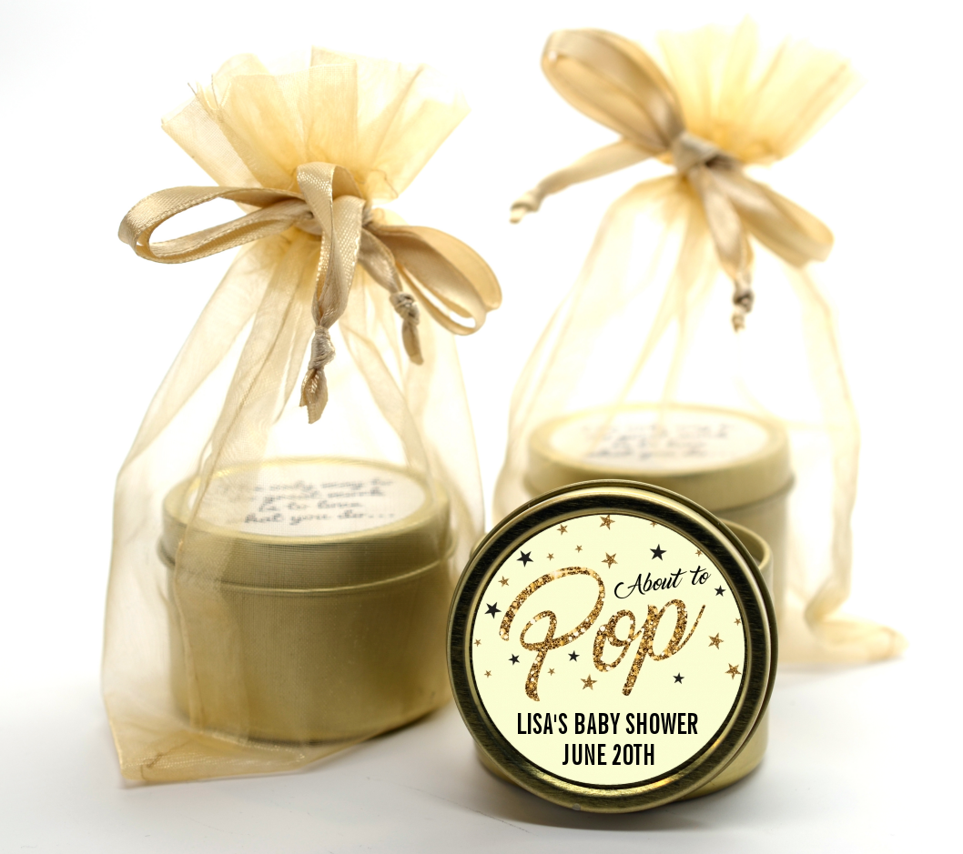  About To Pop Glitter - Baby Shower Gold Tin Candle Favors Option 1