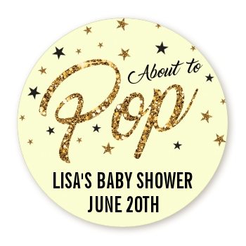  About To Pop Glitter - Round Personalized Baby Shower Sticker Labels Option 1